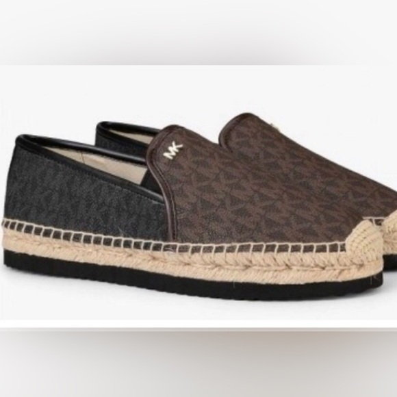 MICHAEL KORS HASTINGS MK PRINT GOLD PLATFORM ESPADRILLES Black Brown Size 9 - Picture 4 of 15